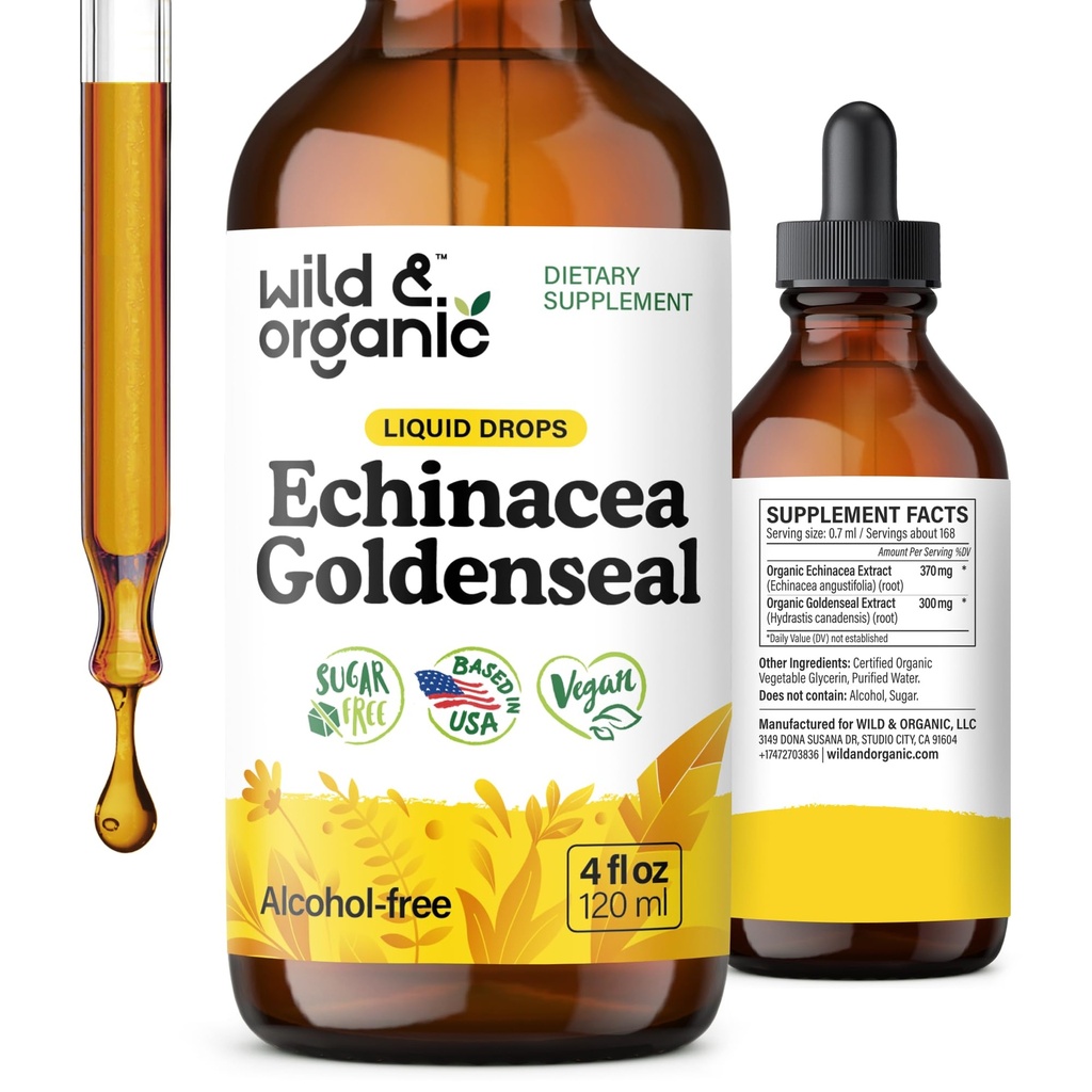 Wild & Organic Echinacea Goldenseal Tincture - Immununterstützung Tropfen mit Echinacea und Goldenseal Wurzelextrakt - Vegan, Zucker & Alkoholfreie Flüssigergänzung - 4 fl oz