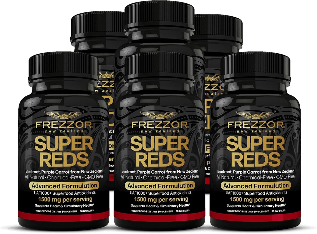 FREZZOR Super Reds Kapseln mit UAF1000+, All-Natural Neuseeland Red Superfood Energy, Essential Red Fruits Veggies& Beets, Antioxidantien, Enzyme, Energy Supplements, 540 Kapseln, 6 Flaschen