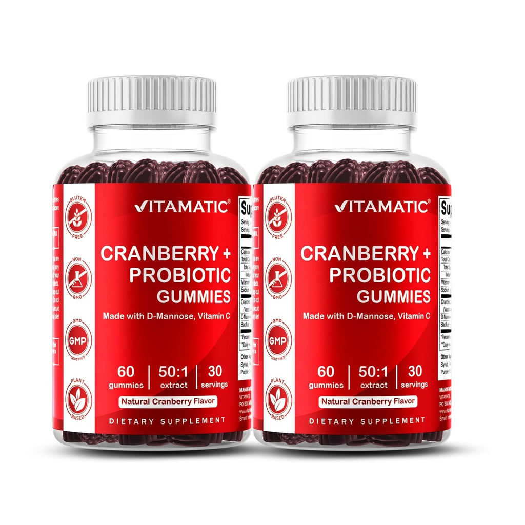 Vitamatic 2 Pack Vegan Cranberry Gummis mit D-Mannose, Probiotic & Vitamin C für Frauen Urinary Tract Health - 25000mg Äquivalent pro Servierung (von 50:1 Extrakt 500 mg) - 60 Count