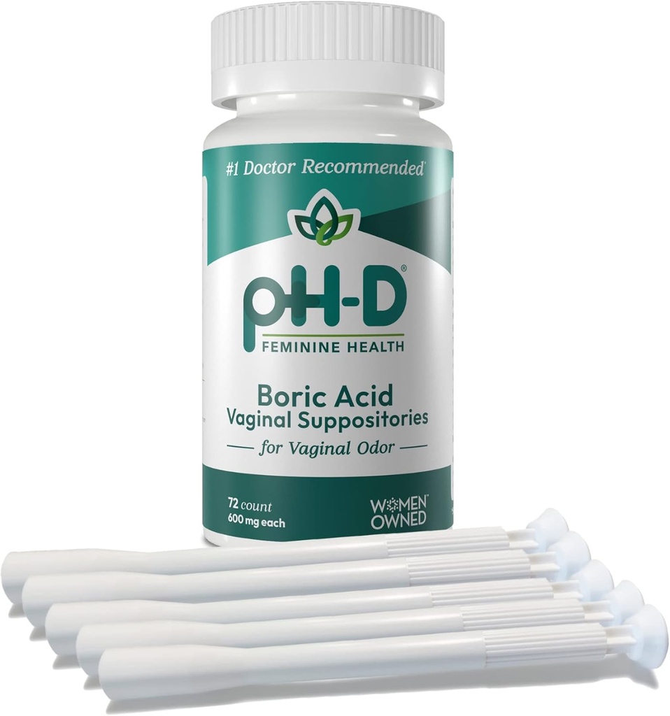 pH-D Feminine Health Support - Boric Acid Starter Bundle - pH-D Borsäure Vaginal Suppositorien 72 Zähler und 5 Vaginal Suppositorien Applikatoren