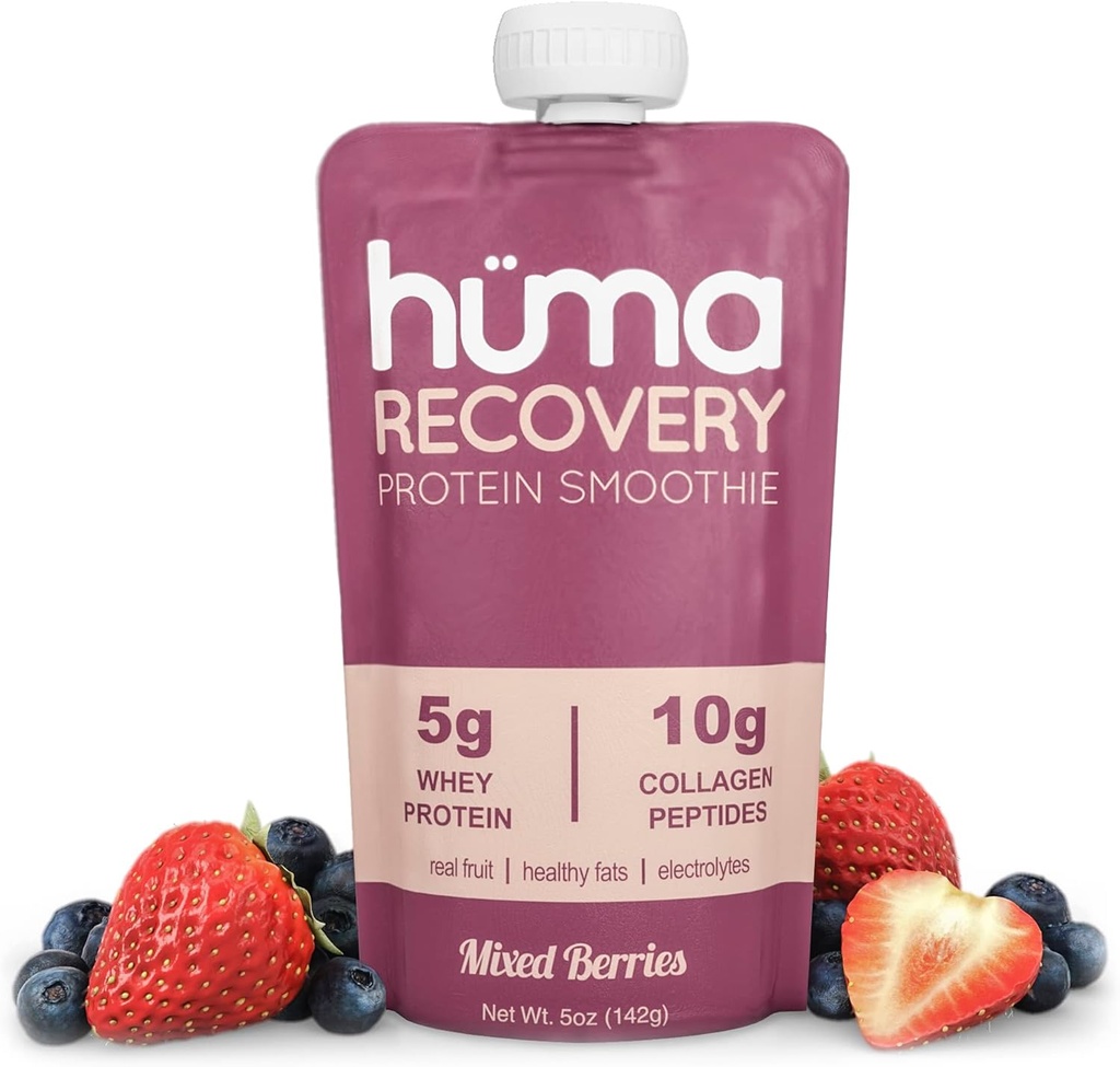 Huma Recovery Protein Smoothie, 20 Pouches – 15g Collagen + Whey Post Workout Recovery Drink – Ready-to-Drink Protein Shake mit Real Fruit, Elektrolyte, Gesunde Fette