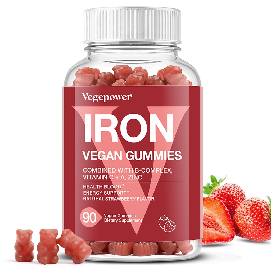 Eisengummis Ergänzungen für Frauen & Kinder - Multivitamin mit Vitamin C für Energieunterstützung, Great Tasting Iron Gummy Vitamins mit Vitamin C für Max Absorption - Vegan, Erdbeere 90 Count
