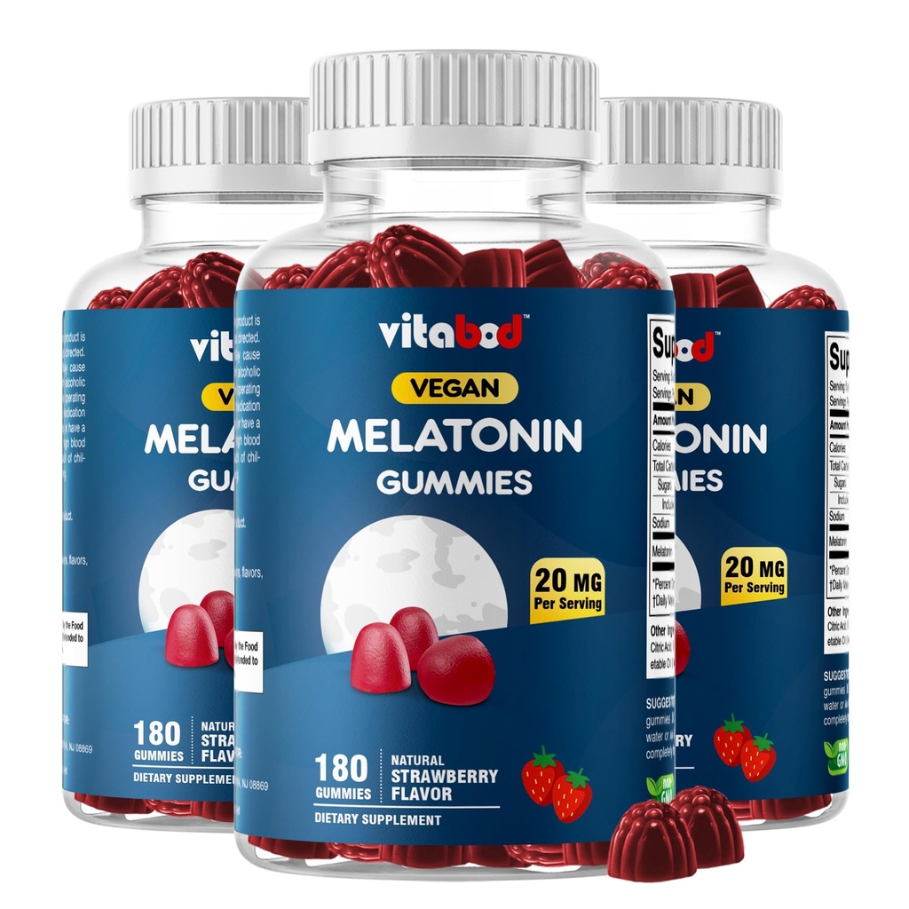 Melatonin 20mg Gummies - 180 Count - Drug Free - Natural Strawberry Flavor - Vegetarisch, Non-GMO, Glutenfrei (3 Flaschen)