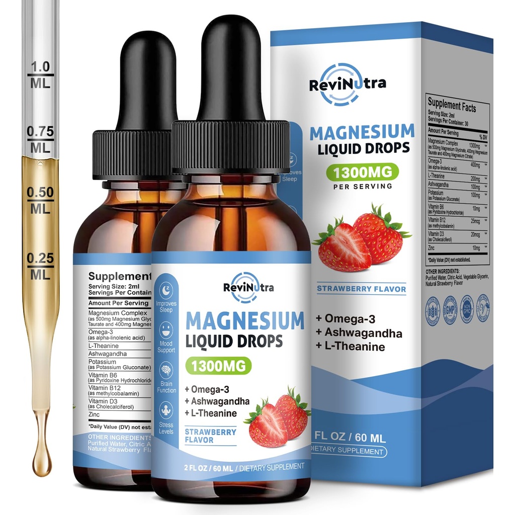 2 Packung flüssiges Magnesium Glycinat Tropfen mit Taurat & Citrat, Calm Magnesium mit Omega3, L-Theanin, Kalium, Ashwagandha, Vitamin für Schlaf, Muskel, Immun-Gesundheit, Zuckerfreie Erdbeer Flavor