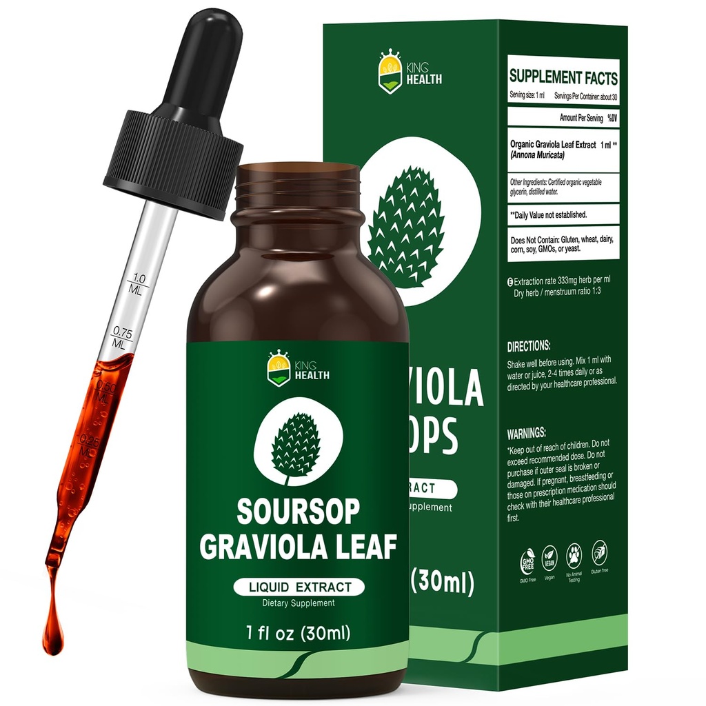 Bio Soursop Graviola Blatt Extrakt Flüssigkeit Tropfen | Soursop Bitters Flüssigkeit | Hohe Absorption, Enhanced Bioverfügbarkeit | Vegan, Non-GMO, Gluten Free | Immununterstützung | 1 Fl Oz