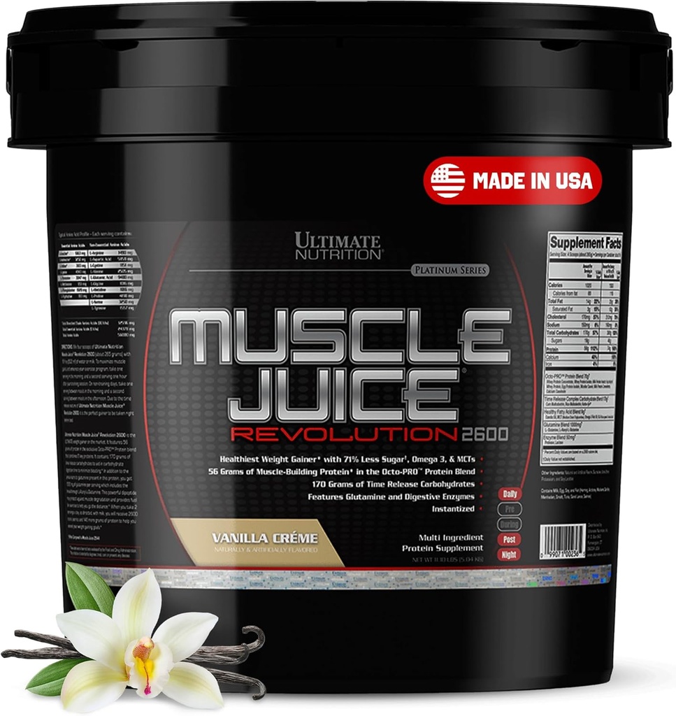 Ultimate Nutrition Muscle Juice 2600 Revolution, Weight Gain Drink Mix - Masse Gainer Workout Powder Supplement für Lean Muscle Growth & Recovery mit 56g Protein Blend - Vanilla, 11.105lb