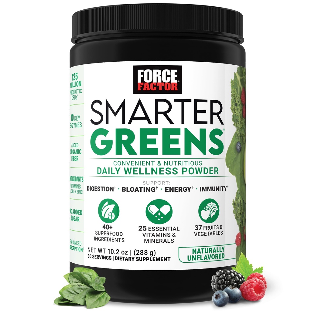 Kraftfaktor Smarter Greens Tägliches Wellness-Pulver, Greens Superfood-Pulver zur Unterstützung von Gut Health, Bloating, & Digestion, mit 40+ Superfoods, 125 Millionen CFUs von Probiotics, Unflavored, 30 Portionen