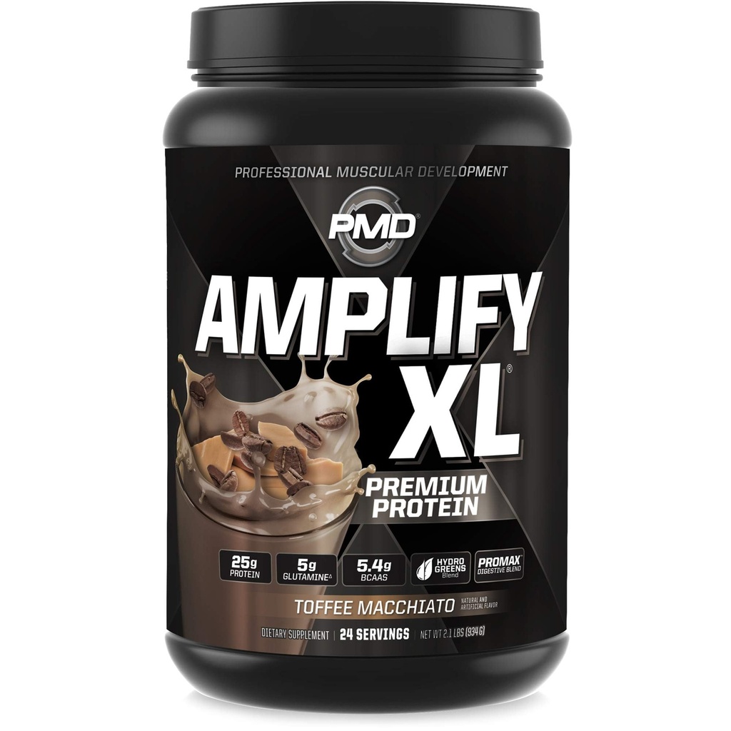 PMD Sports Amplify XL Premium Whey Protein Supplement Hydro Greens Blend - Glutamin und Whey Protein Matrix mit Superfood für Muskel, Stärke und Erholung - Toffee Macchiato (24 Servierungen)