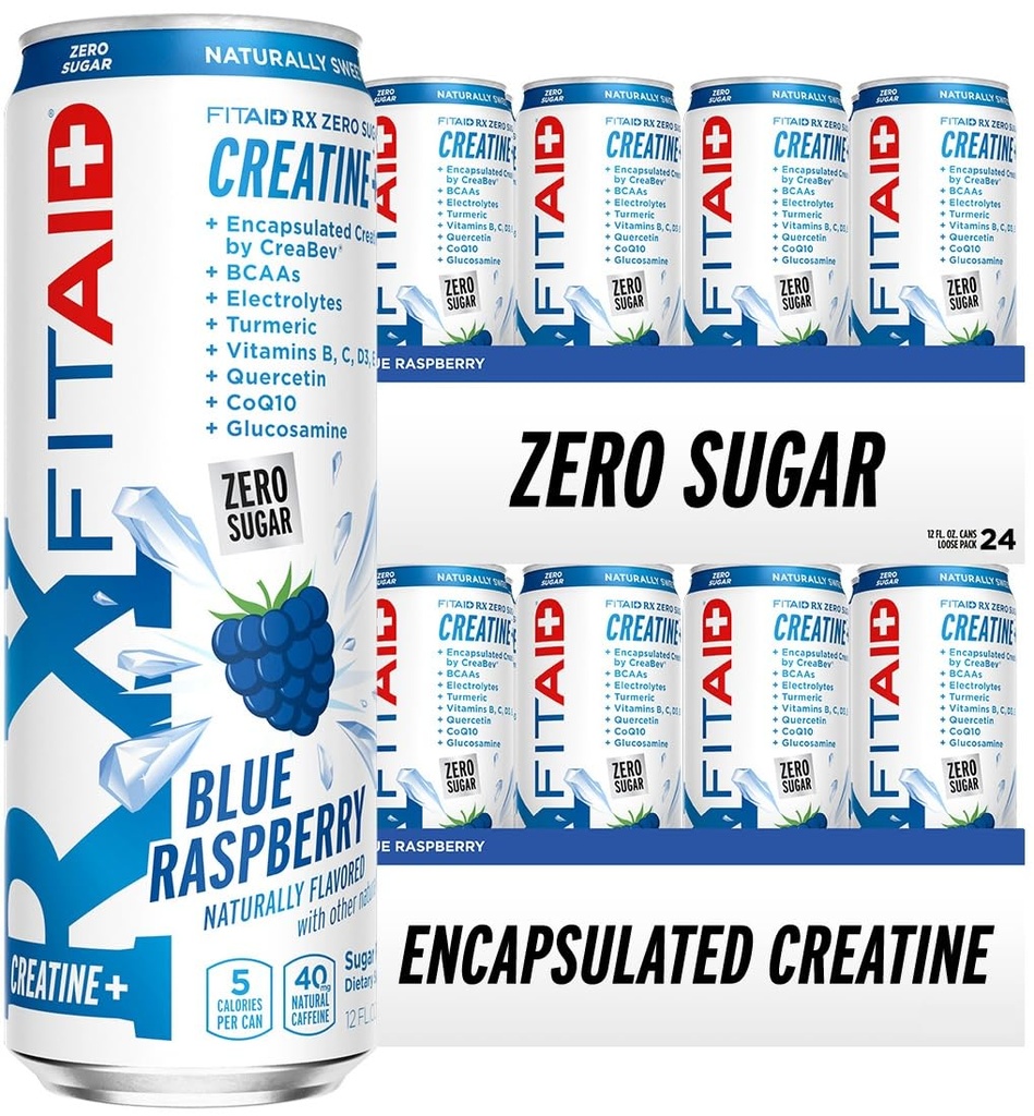 FITAID RX Zero Sugar, Encapsulated Creatine, Workout Recovery Drink, All-In-One Blend, BCAAs, Glucosamin, Turmeric, B-Complex, Elektrolyte, Blue Raspberry, 12 Fl Oz (Pack von 24)