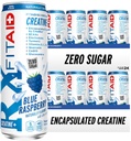 FITAID RX Zero Sugar, Encapsulated Creatine, Workout Recovery Drink, All-In-One Blend, BCAAs, Glucosamin, Turmeric, B-Complex, Elektrolyte, Blue Raspberry, 12 Fl Oz (Pack von 24)