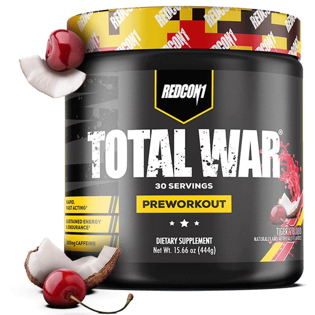 REDCON1 Total War Pre Workout, Tiger's Blood - L Citrulline, Malic Acid, Green Tea Leaf Extract für Pump Boosting Pre Workout für Damen und Herren - 3.2g Beta Alanine, um Auspuff zu reduzieren (30 Portionen)