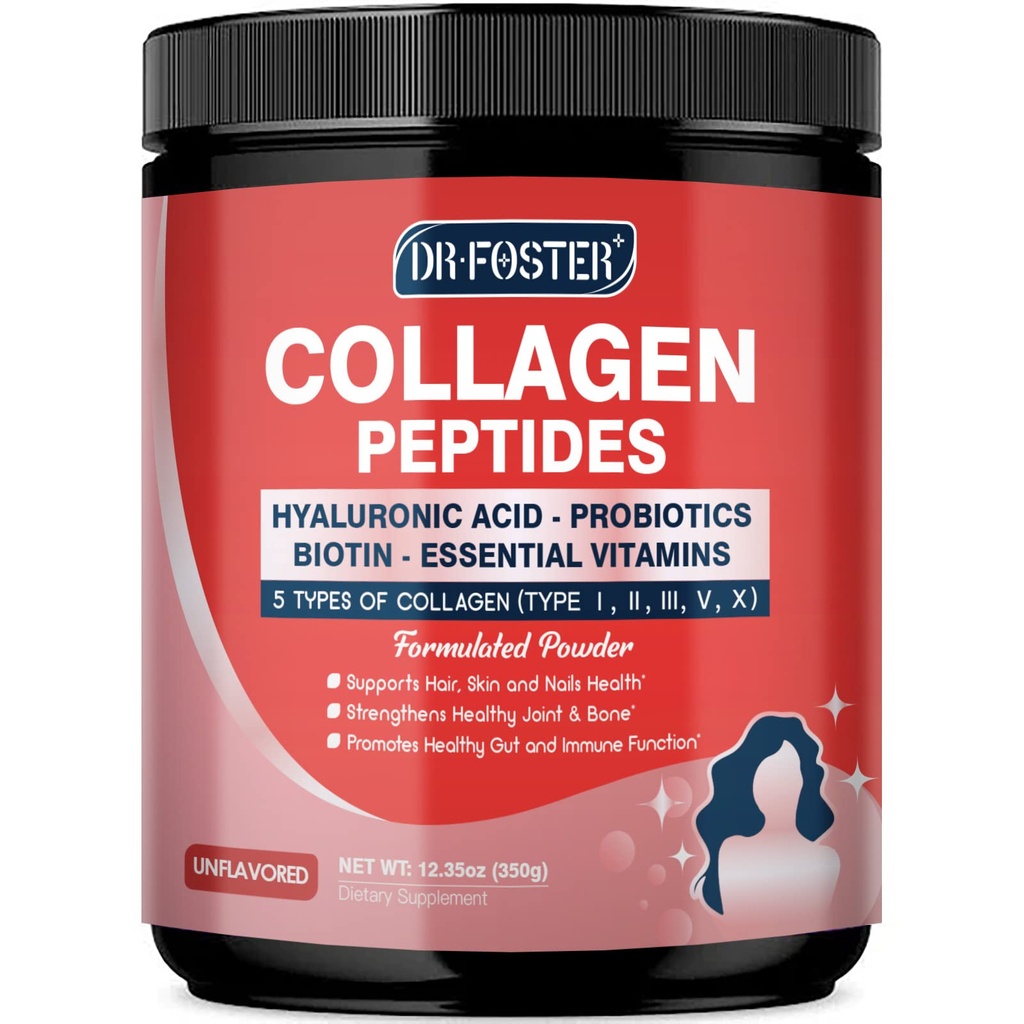 Multi Collagen Peptide Pulver mit Probiotika - Typ I II III V X - hydrolysierte Collagen Peptide mit Multivitaminen, Hyaluronsäure & Biotin - Unterstützung Hauthaar Nagel Joints & Gut, 35 Servierungen