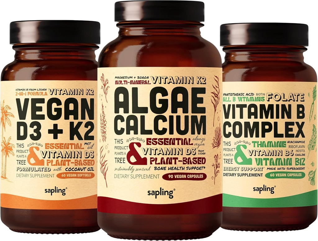 Algae Calcium & Vegan D3 + K2 & Vitamin B Complex Bundle - Kalziumergänzung aus Red Algae, 4000 IU Vitamin D3 und 100mcg Vitamin K2, Essential B Vitamine