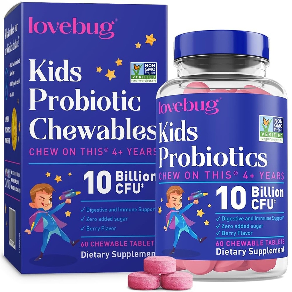 LOVEBUG Probiotics for Kids – Probiotische Chewables mit präbiotischer Faser für Alter 4+,Daily Children's Gut Health & Digestive Support Supplement, Sugar-Free Berry Flavor, 60 Count