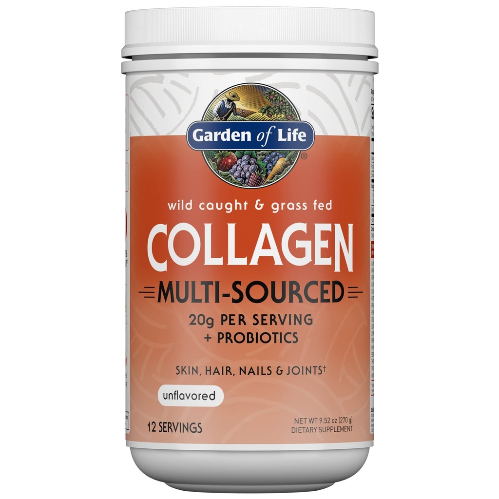 Garten des Lebens Marine & Grass-Fed Collagen Peptides Powder Supplement (Typ I, III) mit Probiotics & BCAAs for Mobility, Joint Health, Hair, Skin & Nails - Unflavored, 20g per Serving, 12 Servings