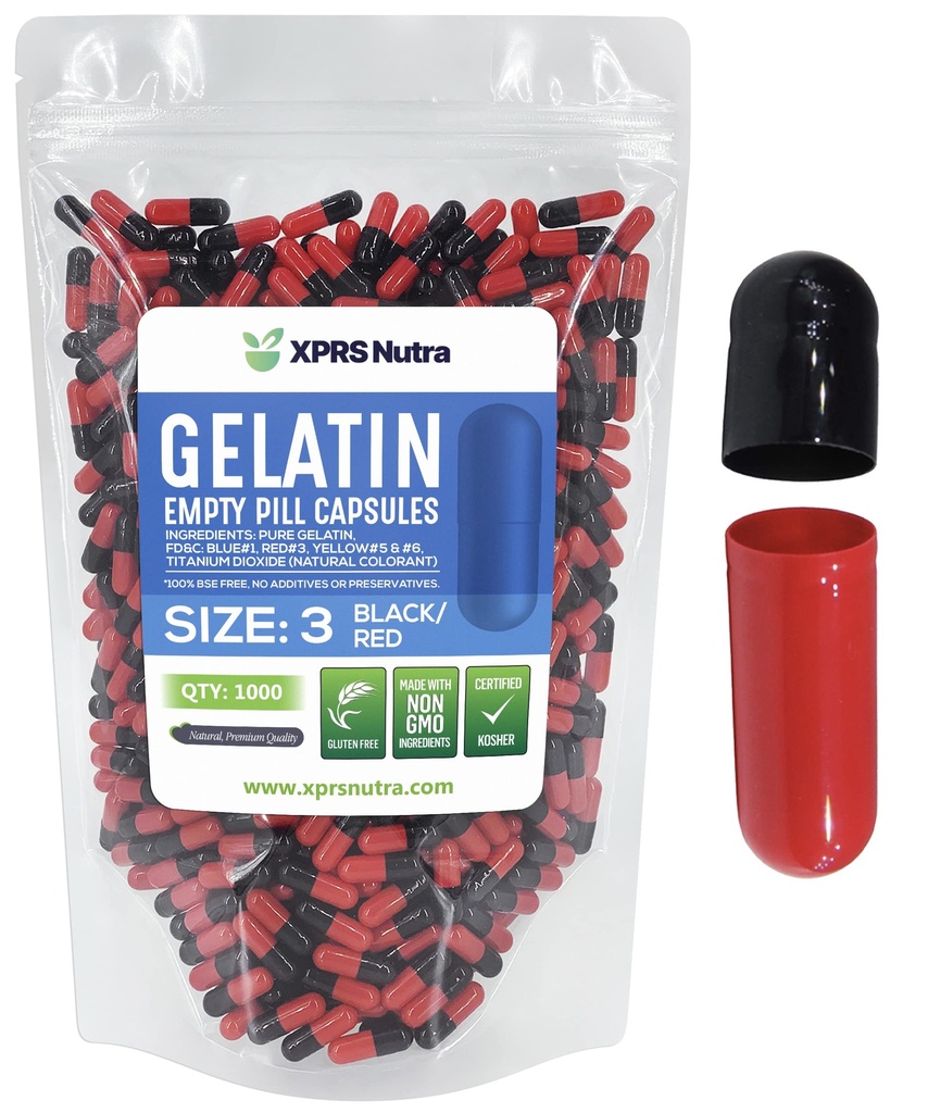 XPRS Nutra Size 3 Empty Capsules - 1000 Count Empty Gelatin Capsules - Pills DIY Capsule Filling - Fillable Pure Bovine Pill Gel Caps for Do-It-Yourself Supplements and Vitamins (Black/Red)