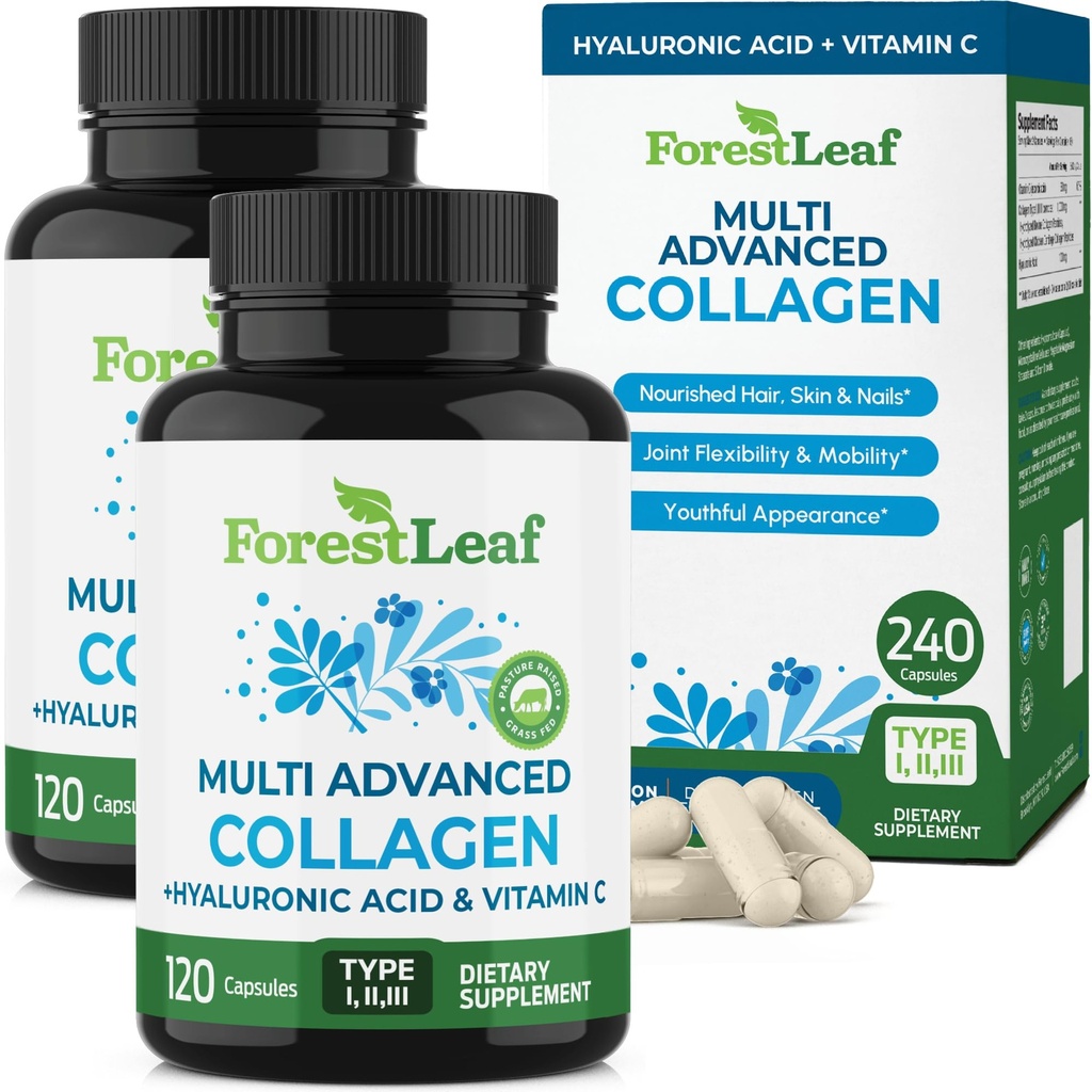 ForestLeaf Multi Collagen Pillen mit Hyaluronsäure + Vitamin C | Hydrolysierte Collagen Ergänzungen für Frauen oder Männer | Multi Collagen Kapseln Peptide für Haut, Falten, 240