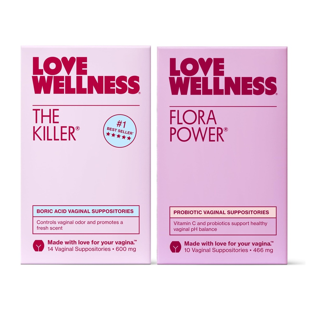 Liebe Wellness The Killer & Flora Power | Vaginal Suppository Duo mit Borsäure, Probiotics & Vitamin C | Unterstützt pH Balance, Odor Control & Feminine Gesundheit | Fragrance-Free, Non-GMO & Paraben Free