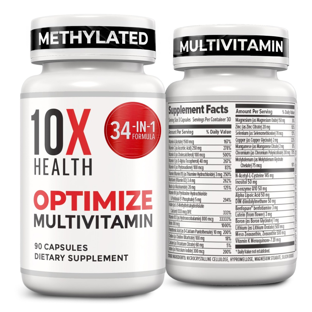 10X Gesundheit Optimieren Multivitamin für Herren - 90 Kapseln, Methyliertes Multivitamin 34 in 1 Formel mit 800 mcg Vitamin B12, 5-MTHF, NAC - Methyl B Complex, MTHFR Supplement