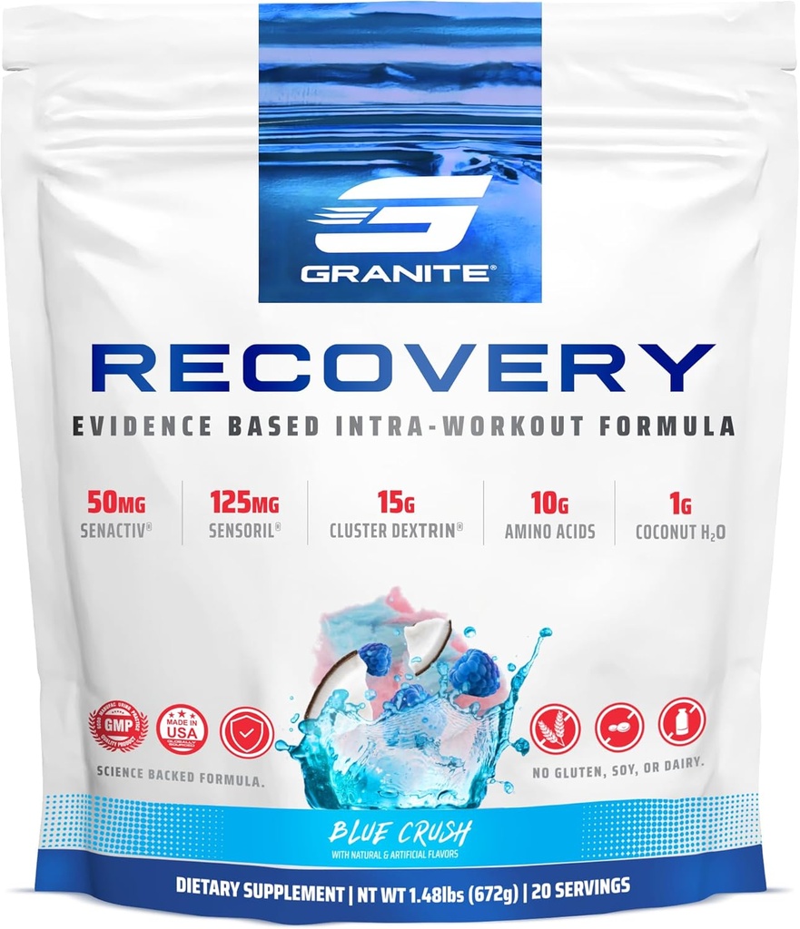 Granit Erholung Intra und Post-Workout-Ergänzung, Blaue Crush Flavor, mit 10g Aminos, Elektrolyte, Cluster Dextrin, & Sensoril, unterstützt Muskel-Recovery & Growth (20 Servings)