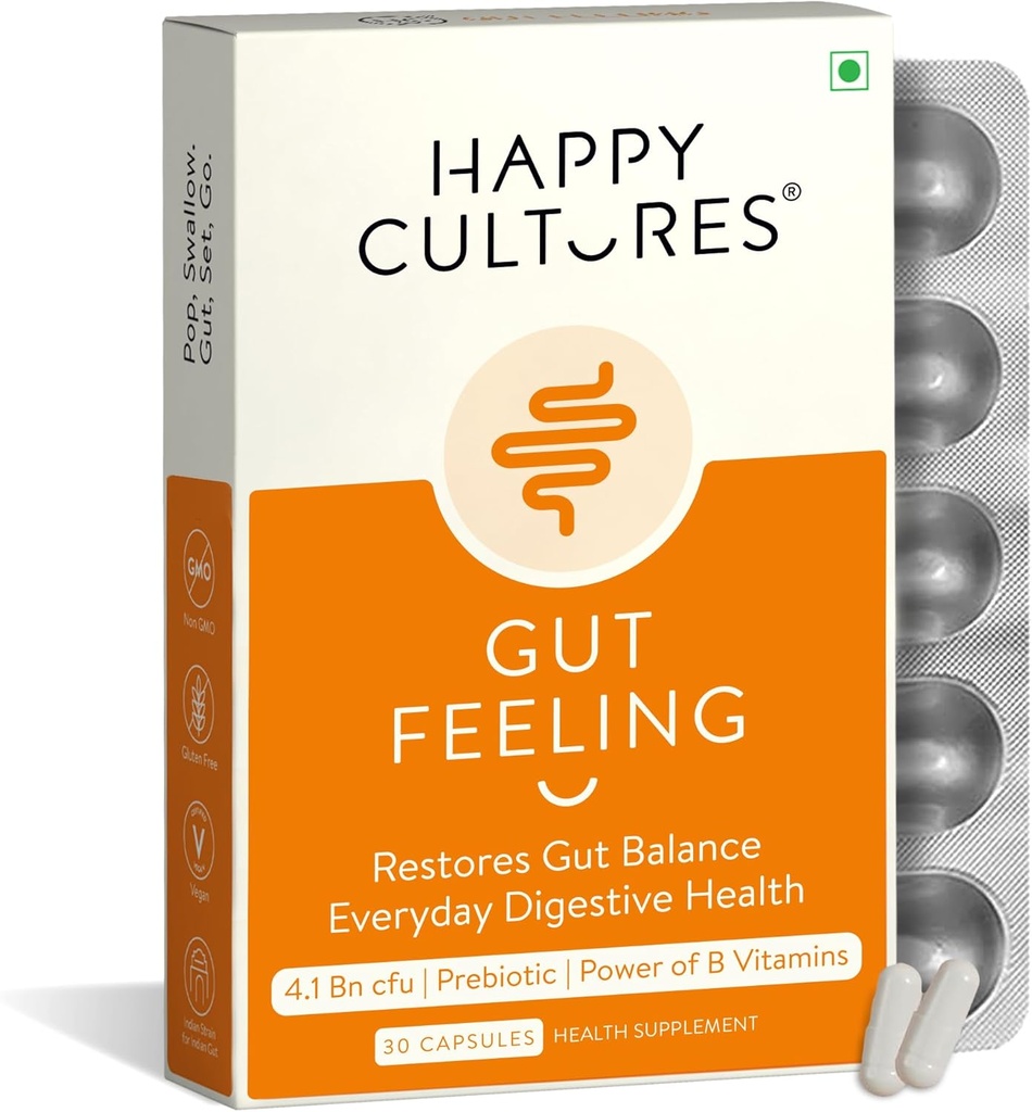 Happy Cultures Gut Feeling Digestion Supplement Einzigartige Mischung von Probiotika für tägliche Verdauungsgesundheit B-Vitamins Gut Health Supplement für Bloating, IBS, Verdauung Klinisch getestet - 30 Veg Kapseln