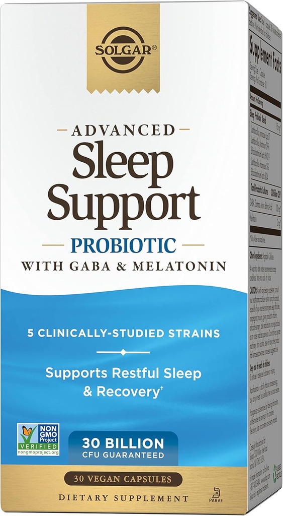 Solgar Advanced Sleep Support Probiotic mit GABA & Melatonin, 30 Vegan Capsules - 30 Billion CFU - 5 klinisch-Studied Strains - Unterstützung für restful Sleep & Recovery - Non-GMO & Vegan, 30 Portionen