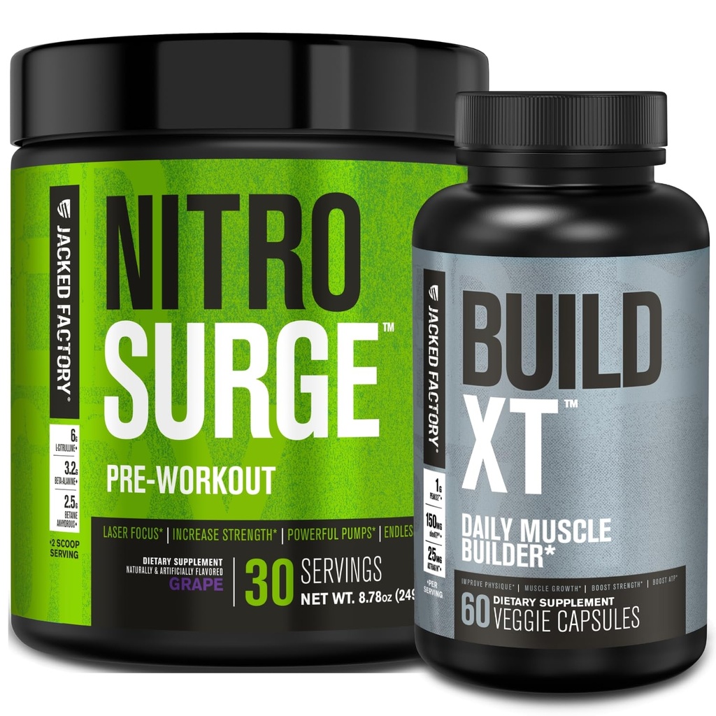 Jacked Factory Nitrosurge PreWorkout in Grape & Build XT Muskelaufbau Bundle für Männer & Frauen