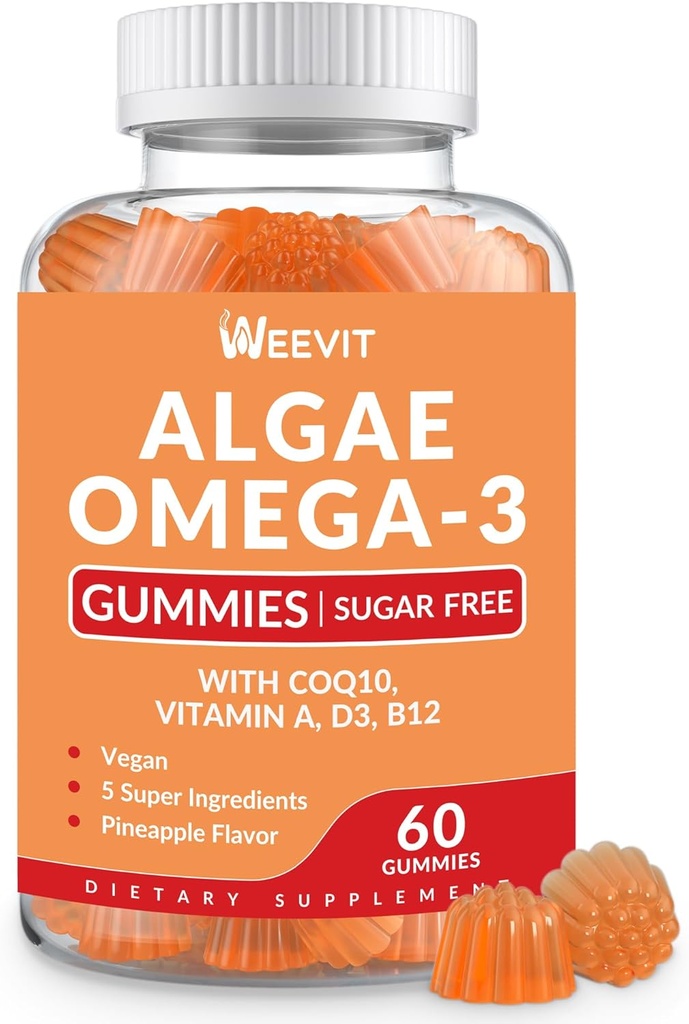 Sugar Free Omega 3 Gummies, Algae Omega 3 Supplement for Adults,Omega 3 DHA 240mg, EPA 110mg w/Vitamin B12,CoQ10