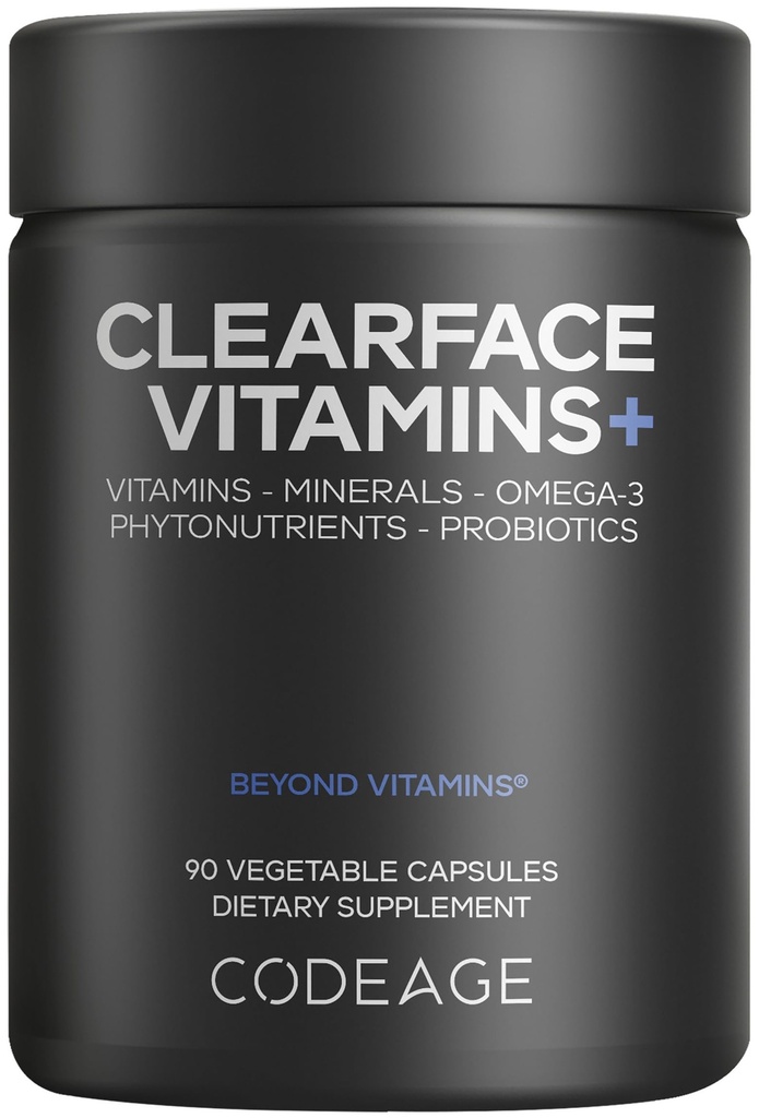 Codeage Clearface Pantothensäure, Niacin Ergänzung, Vitamine A, C, D3, E, Probiotics, Zink, Riboflavin, Thiamin, L-Lysine HCL & Omega-3, Niacinamide, Haut Botanical Blend - Non-GMO - 90 Kapseln
