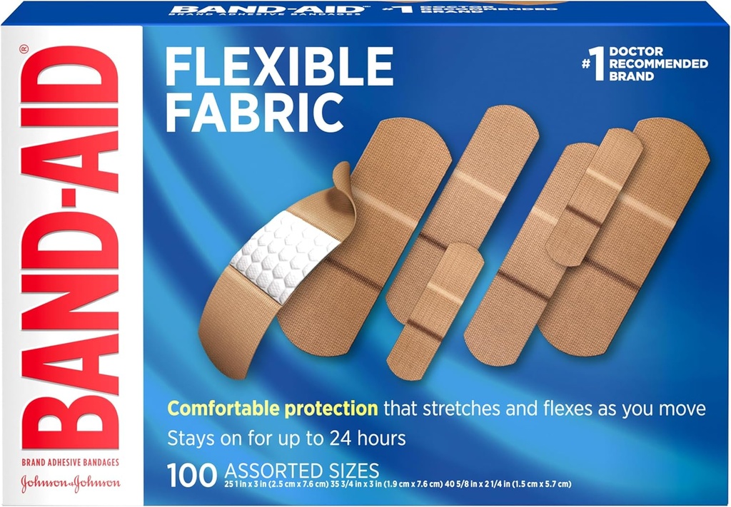 Band-Aid Marke Flexible Stoff Klebebänder für Wund Pflege & Erste Hilfe, sortierte Größen, 100 ct