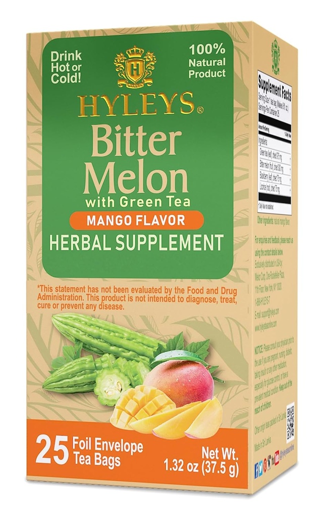 Hyleys Bitter Melon mit grünem Tee - Mango Flavor - 25 Teebeutel - Unterstützt gesunde Leberfunktion - Kräuterergänzung - (6 Packung - 150 Teebeutel insgesamt)
