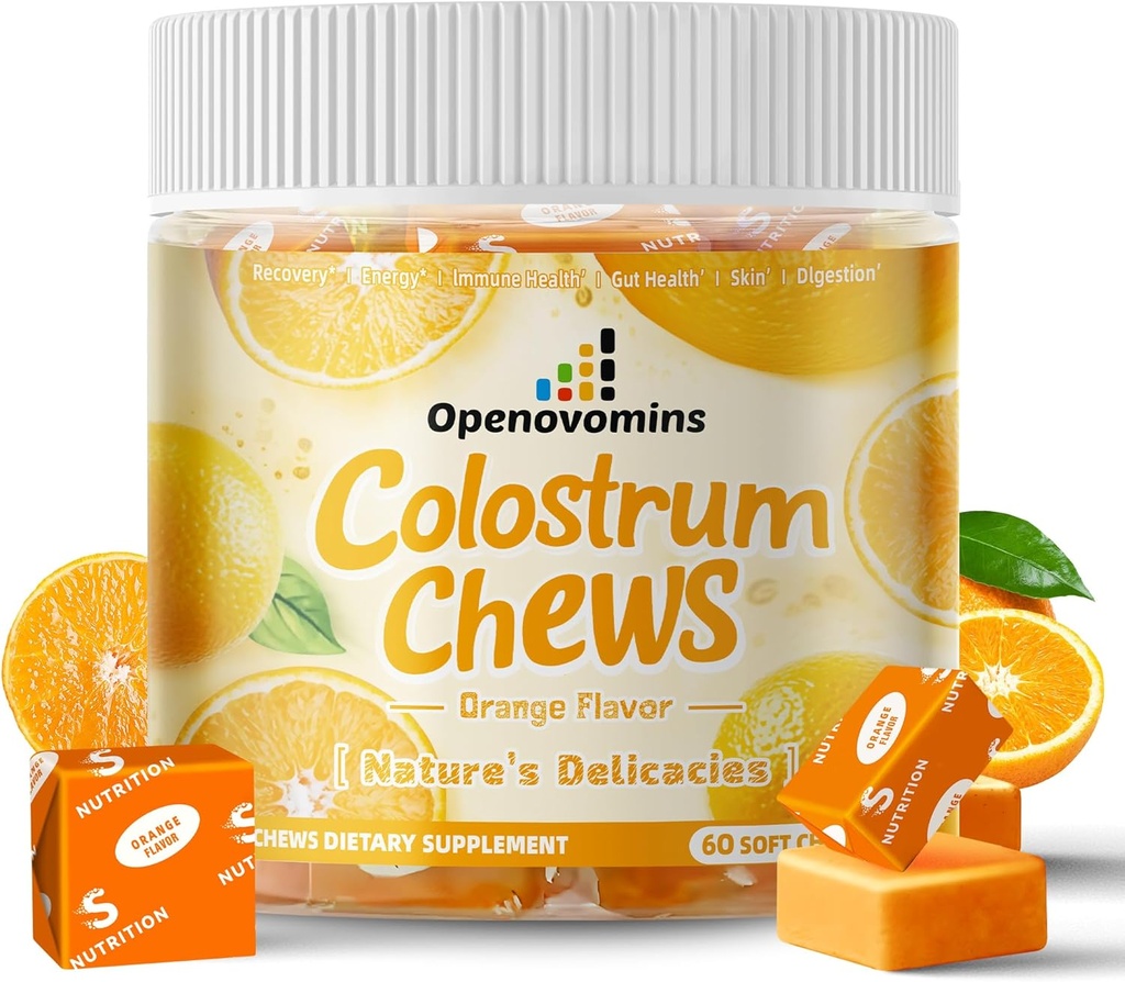 Bovine Colostrum Soft Chews Supplement mit Probiotika für Gut Health, Bloating, Immununterstützung, Haut, Haarwachstum und Schönheit - Orange Flavor (60 Servietten)
