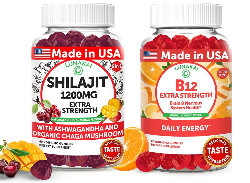 Lunakai USA Made Shilajit & B12 Extra Strength Gummis Bundle – Energy, Focus und Daily Wellness – Vegan & Delicious