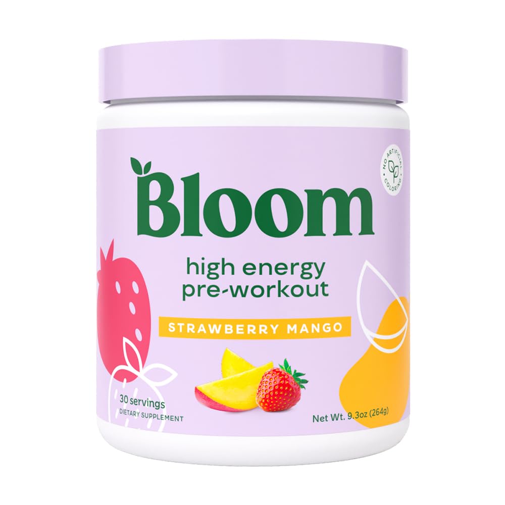 Bloom Nutrition High Energy Pre Workout mit Beta Alanine, Ginseng und L Tyrosin für Amino Energy, natürliches Koffeinpulver aus Green Tea Extract, Keto, Zuckerfreies Getränk Mix, Erdbeer Mango