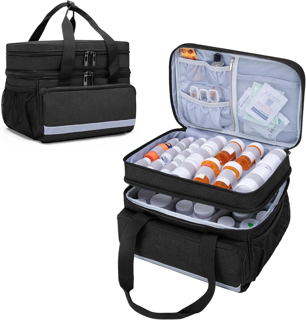 CURMIO Double Layers Pill Bottle Organizer Tasche Leere, Medizin Organizer Aufbewahrungstasche mit abschließbaren Zippers, Medication Travel Bag für Rezept Flaschen, medizinische Versorgung, Schwarz (Patent Design)