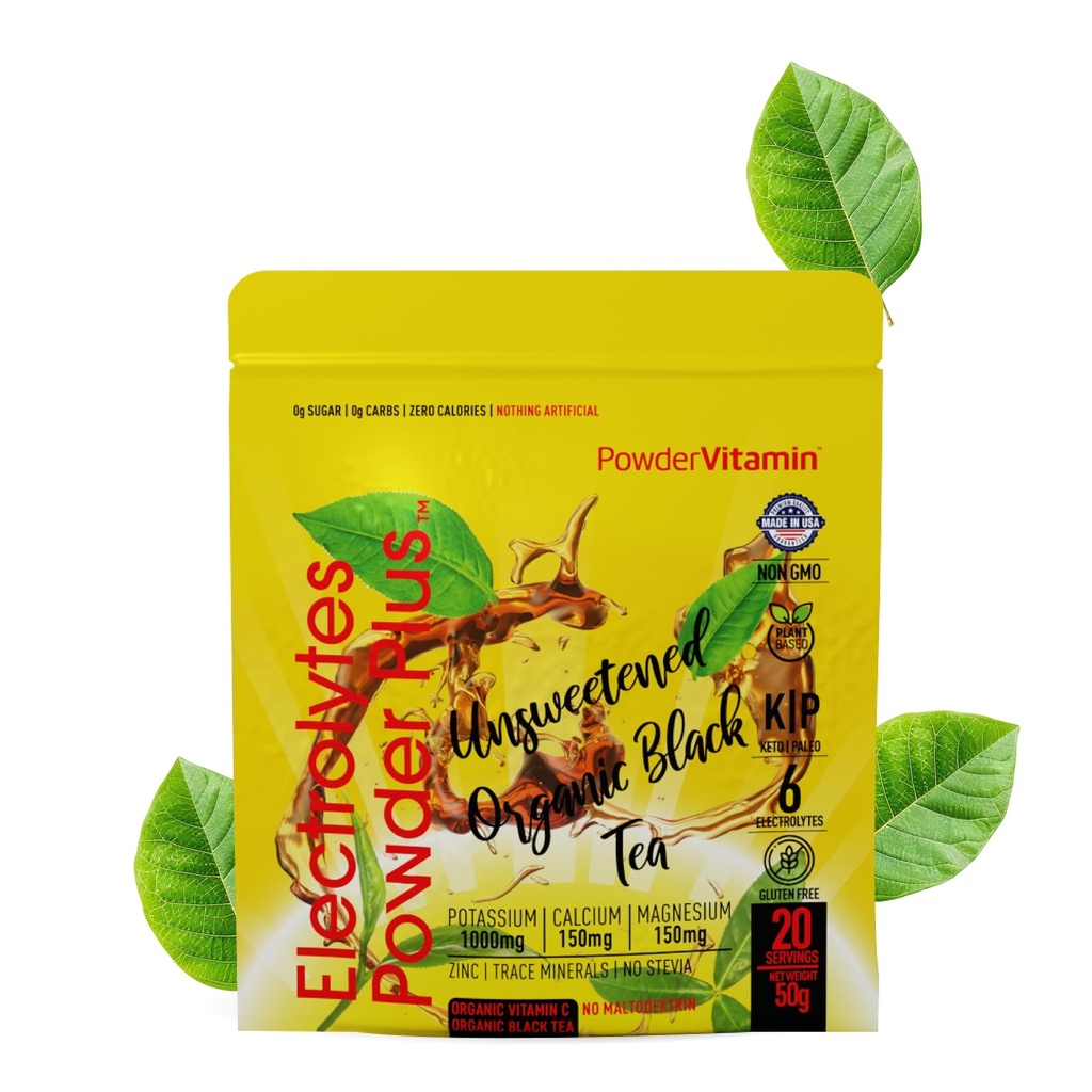 PowderVitamin Elektrolyte Pulver Plus (20 Servierungen) Unsweetened Black Tea Elektrolyt Pulver Keto,SugarFree, Pink Himalaya Salz,1000mgPotassium,150mgCalcium,150mgMagnesium,Hydration Pulver NO STEVIA