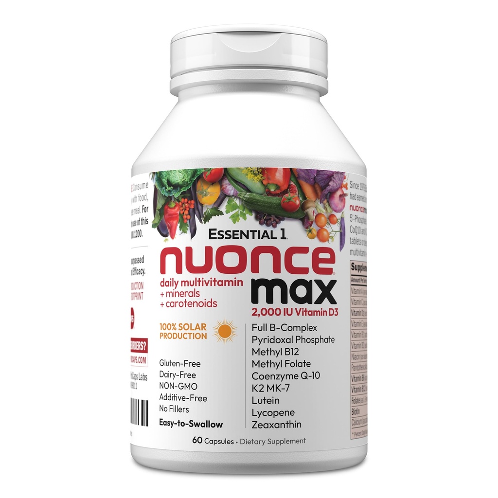 ANDREW LESSMAN Essential-1 nuonce max Multivitamin 2000 IU Vitamin D3 60 Small Capsules. 100 mcg Methyl B12. CoQ10 Lutein Lycopene Zeaxanthin. High Potency. No Additives. Ultra-Mild One Daily Capsule