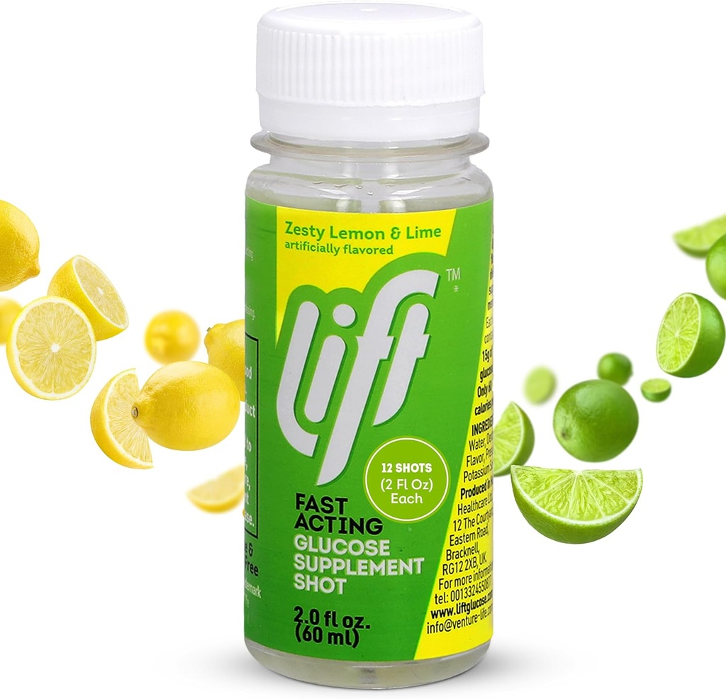 Lift Glucose Fast-Acting Glucose Energy Juice Shots, Lemon Lime, 2.0 fl oz Flaschen (Pack von 12)