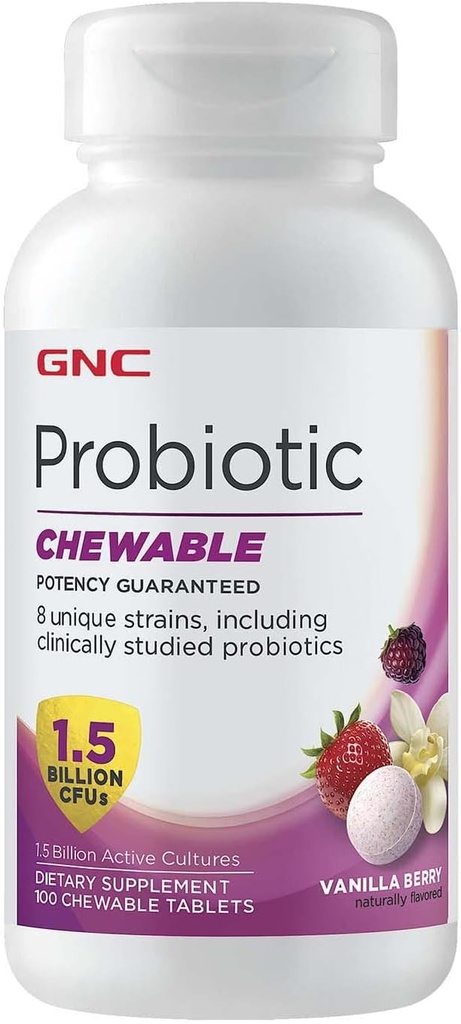 GNC Probiotic Chewable mit 1,5 Milliarden CFUs - Vanilla Berry, 100 Tabletten, Tägliche Probiotische Unterstützung