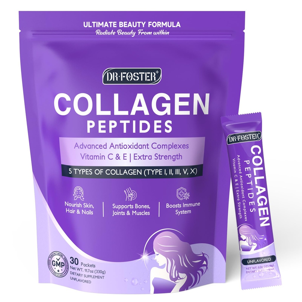 DRFOSTER Collagen-Peptides-Powder-Packets - Multi Typ I II III V X Kollagen für Frauen mit Antioxidant Blend + Vitamin C & E für Haut, Haar, Nagel & Gelenk, Non-GMO, 30 Stick Packs