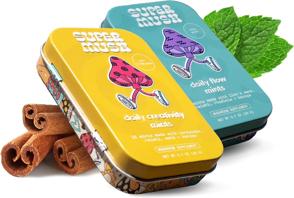 SuperMush Daily SuppleMint - 2 Flow & Focus Mints + 2 Creativity & Connection Mints - Mushroom Mint Supplements - Lions Mane, Cordyceps und Reishi Mixed Mushrooms