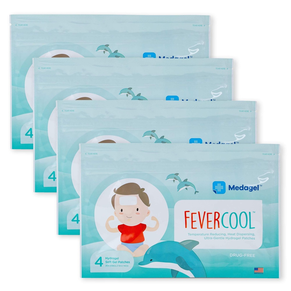 FeverCool Patches - Cooling Patches für Fever, Migraine & Headache Relief | Made in The USA | Coole Temperatur | Mess & Odor Free | Erwachsene & Kinder 2+ | 4 Packs (16 x Patches)