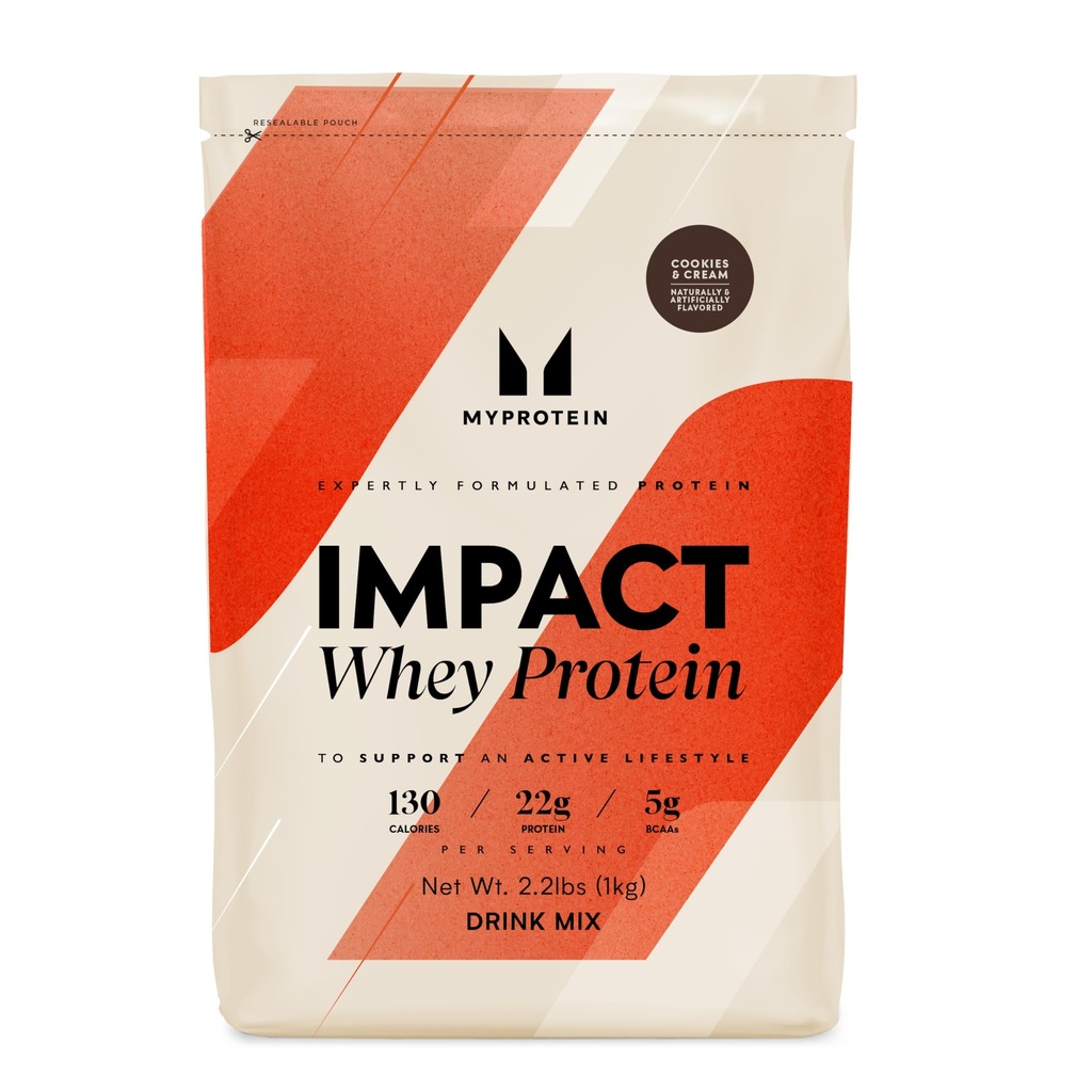 Myprotein Impact Whey Protein Powder, 2.2 Lbs (32 Servierungen) Cookies & Cream, 22g Protein & 5g BCAA Pro Serving, Protein Shake für Superior Performance, Muskelkraft & Erholung, Glutenfrei