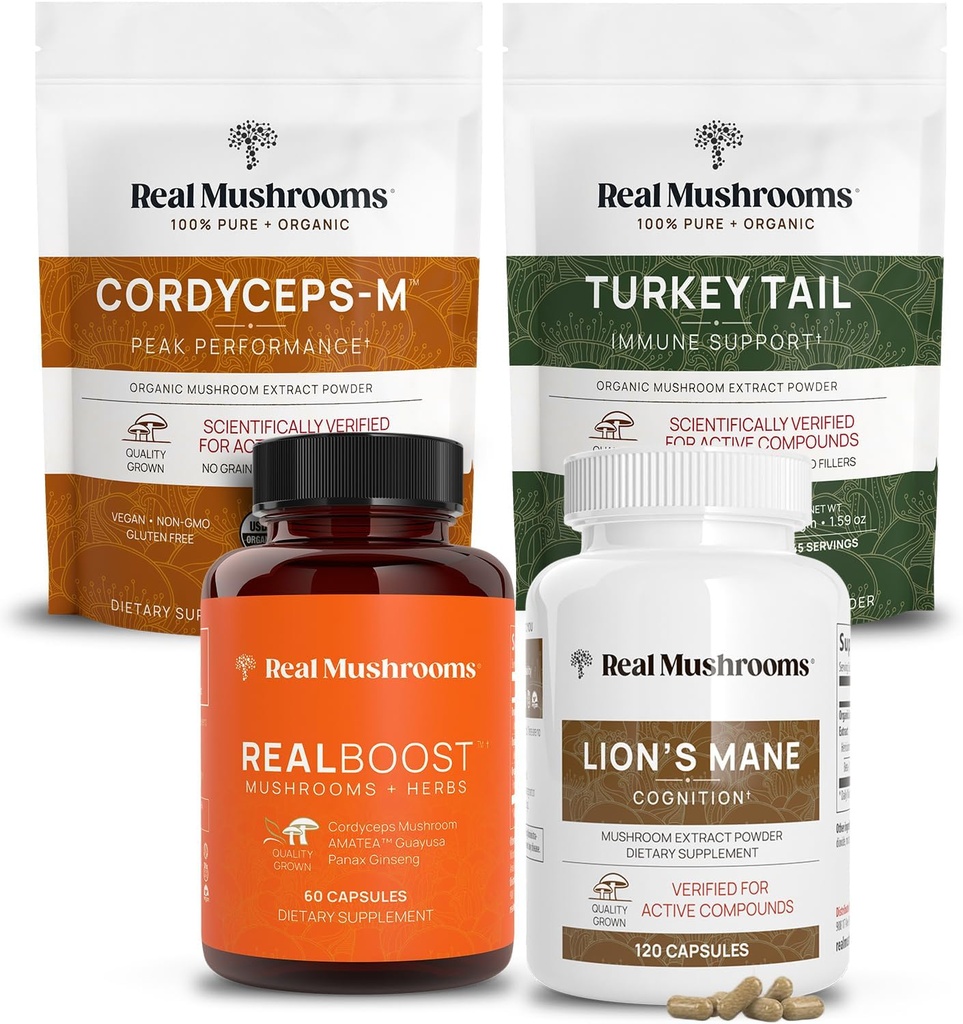 Real Mushrooms RealBoost (60ct), Lions Mane (120ct), Cordyceps & Turkey Tail Mushroom Powder & Capsules Bundle - Pilz-Ergänzung für Energie, Vitalität, Endurance & Cognition - Vegan, Non-GMO