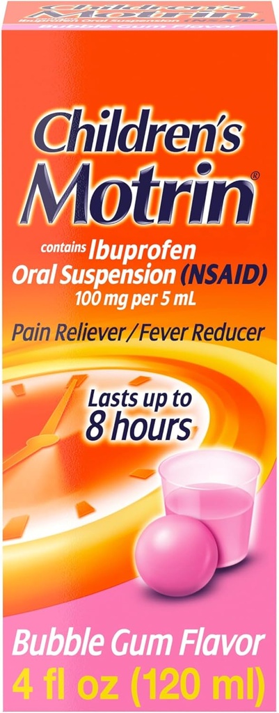Kinder Motrin Oral Suspension Medizin, 100 mg Ibuprofen, Kinder Fever Reducer & Schmerz Reliever für Minor Aches & Pains Aufgrund von Kälte & Flu, Alkoholfrei, Bubble Gum Flavored, 4 fl. oz