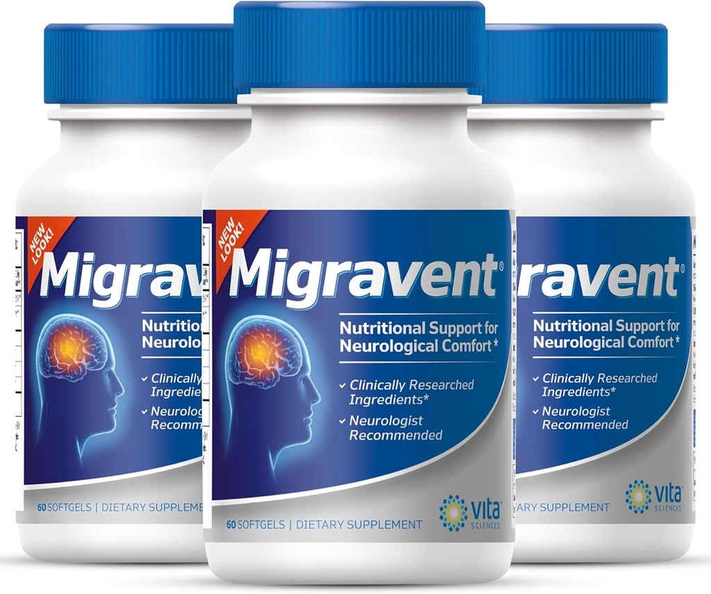 Vita Sciences Migravent – Fortgeschrittene Ernährungsformel mit Magnesium, CoQ10, Vitamin B2 und PA-freier Butterbur für neurologische und vaskuläre Unterstützung – 60 Kapseln (Pack mit 3)