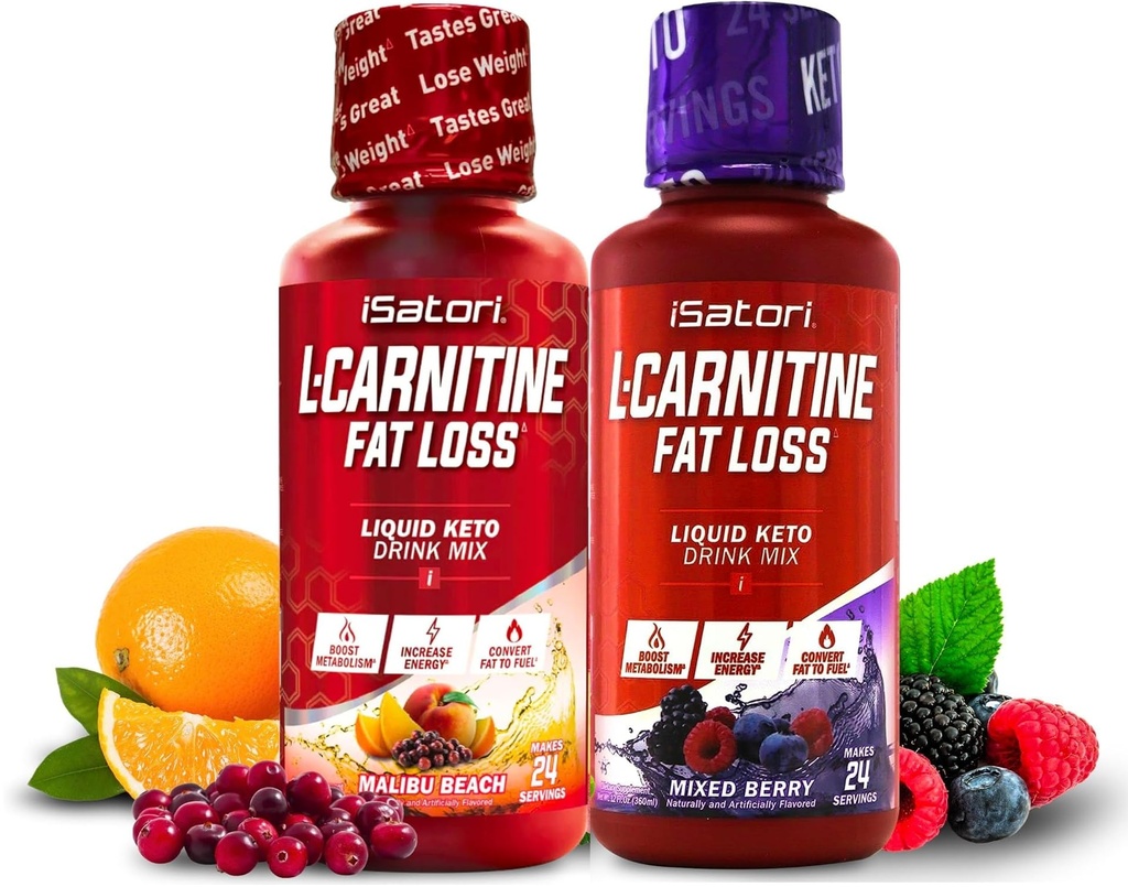iSatori L-Carnitin 1500, Flüssiges L-Carnitin mit Acetyl L-Carnitin, gemischte Berry Flavor (24 Servierungen) & Malibu Beach Flavor (24 Servierungen)