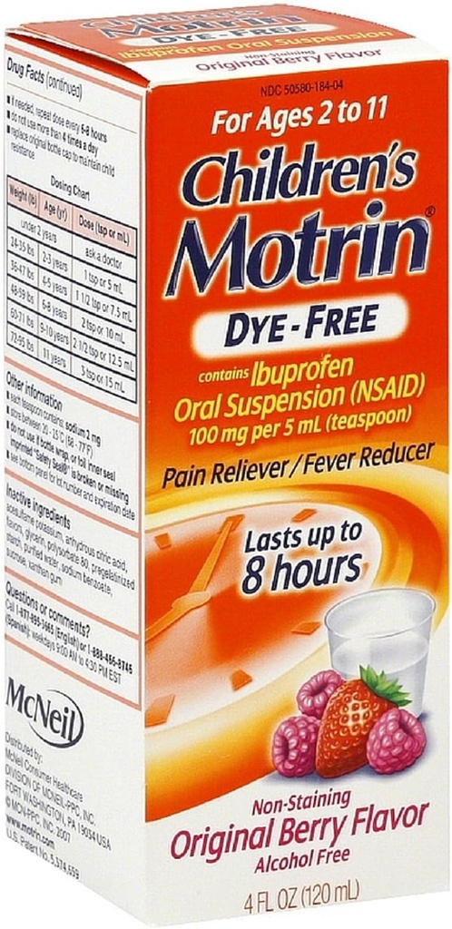 Motrin Kinder Dye-Free Pain Reliever/Fever Reducer, Original Berry Flavor 4 Oz (3 Pack)