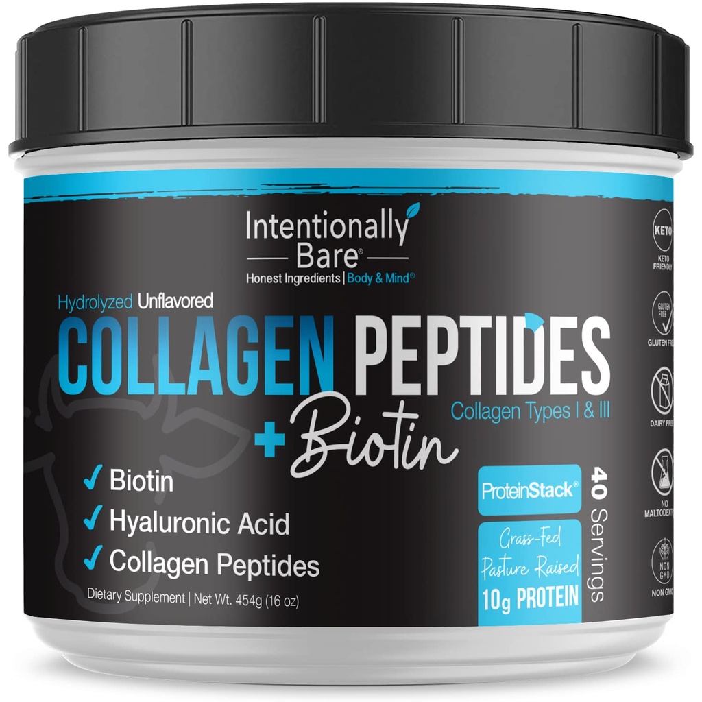Beabsichtigt Bare Collagen Powder Unflavored - Collagen Peptides Powder mit Biotin & Hyaluronsäure - Non-GMO & Grass Fed Collagen Protein Powder mit 10g Protein - Keto Collagen Powder 40 Servings