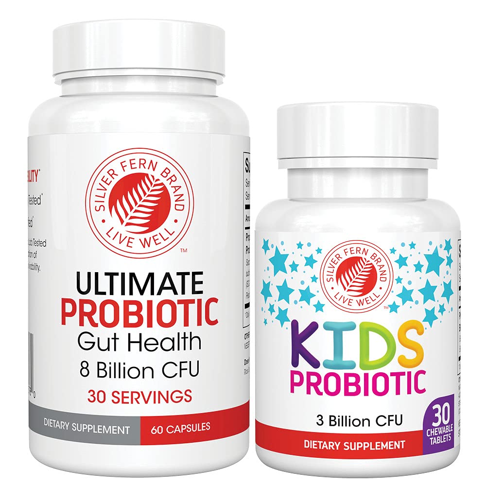 Silver Fern Brand Family Probiotics - Ultimate Adult Probiotic (1 Flasche = 60 Kapseln) Plus Ultimate Children's Probiotic for Kids (1 Flasche = 30 Chewables) - Gut Health & Microbiome Support